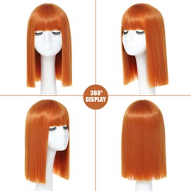 JSDshine Orange Bob Wig With Bangs - Heat Resistant 14Inch Synthetic Hair, Short Straight Shoulder Length Natural-Looking Cosplay Wig for Daily Use, Parties & Women Girls