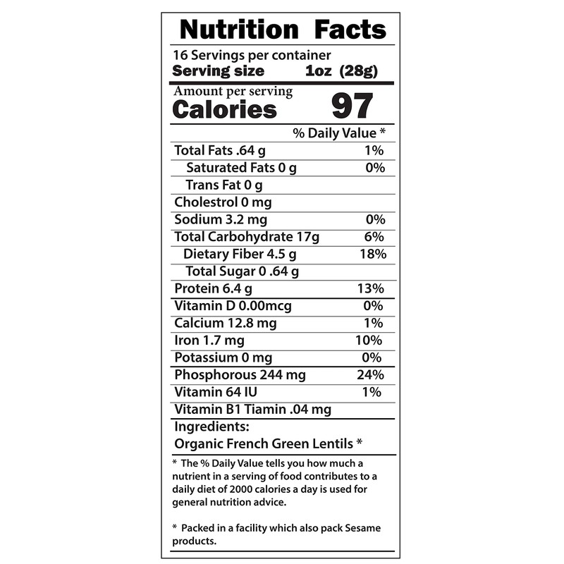 Organic French Green Lentils Whole Raw, High Fiber Non-GMO-Bulk (1LB)