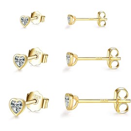 Gulicx 3 Pairs Silver 14K Gold Heart Stud Earrings Set for Women Girls, Hypoallergenic 925 Stering Silver Cubic Zirconia Simulated Diamond Stud Earrings, Small Sleeper Cartilage Studs,Size:3,4.5mm