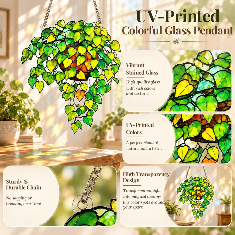 Plant Stained Glass Suncatcher, Pothos Window Hanging Garden Decor
