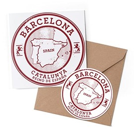 1 x Greeting Card & 10 cm Round Sticker Set - Barcelona Catalunya Spain Espana Map - Birthday Thank You Friend Lover Fan Mum Dad Kids #5723
