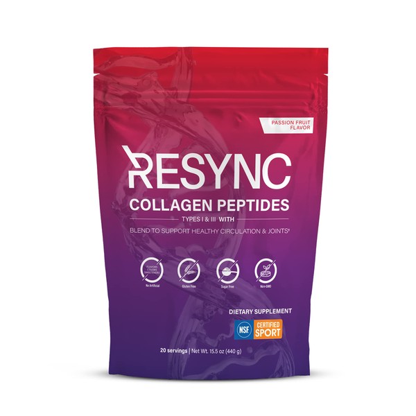 Resync - Collagen Peptides Powder, Collagen Supplements with Type 1 and III Collagen Peptides and Nitric Oxide, Sugar-Free Pre & Post Workout Collagen Powder, Passion Fruit Flavor, 20 Servings, 15.5oz