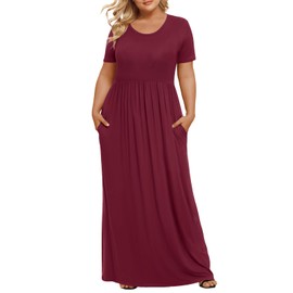 LONGYUAN 2025 Women Short Sleeve Dresses Casual Plus Size Maxi Long Dress Fashion Burgundy, 2XL