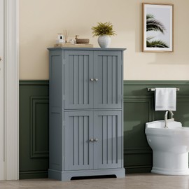 ChooChoo Bathroom Floor Cabinet, Modern Bathroom Storage Cabinet with 4 Doors and Adjustable Shelves, Freestanding Cupboard for Living Room, Grey