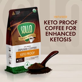 Sollo Keto Proof Organic Ground Coffee - Infused Blend, Dark Roast, Bold & Smooth Taste, 100% Arabica Specialty Grounds, 12 oz