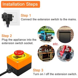 Emergency Stop Push Button Switch with 3.3-ft 14AWG Cable & Piggyback Plug, IP67 Waterproof Extension Cord with Inline Power Emergency Button Switch, AC/DC 10A-125V
