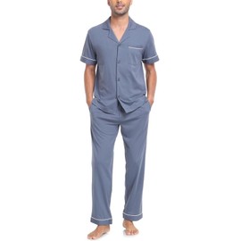 COLORFULLEAF Men's Pyjamas 100% Cotton Short Sleeve Pyjamas with Button Placket Summer Two Piece Sleepwear Loungewear, gray, XL