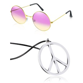 Tatuo Hippie Dressing Accessory Set Hippie Glasses and Peace Sign Necklace (Purple Yellow)