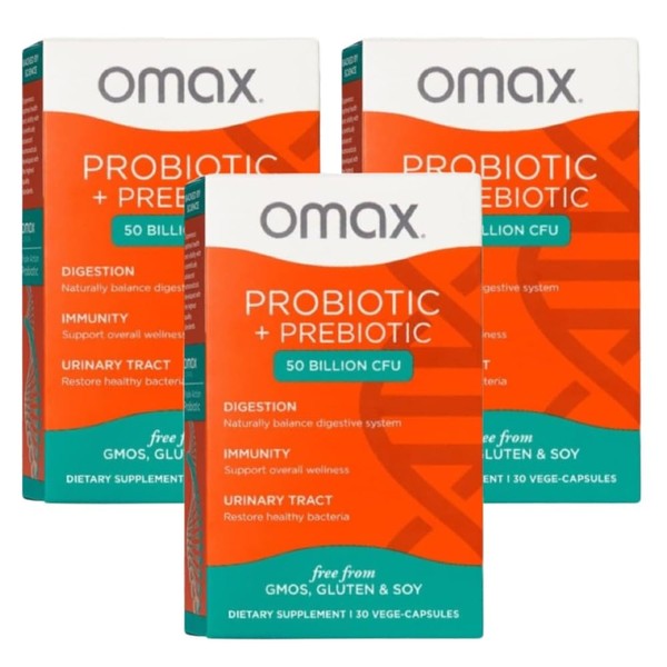 Omax3 Boxes Vegan Probiotic + Prebiotic Supplement Pills, 50 Billion CFU, 10 Clinically Studied Strains, Dairy-Free, Non-GMO, Blister Packed (90 Vege-Capsules)