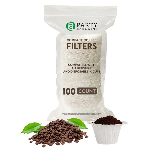 PARTY BARGAINS 100 Paper Coffee Filters - Compact design White Single-Use Coffee Filter Compatible with Keurig 1.0 & 2.0, Perfect Size and Quantity