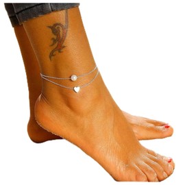 Pearl Heart Anklet Bracelet Boho Layered Love Heart Beads Foot Chain Beach Adjustable Barefoot Sandal Jewelry for Women Girls Teens (Silver)