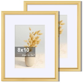 Axeman 8x10 Picture Frame Set of 2, Display 5x7 Pictures with Mat or 8x10 without Mat, Thin Border Wall Gallery Photo Frames for Wall and Tabletop Display, Gold