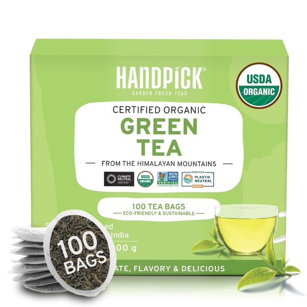 Handpick, Organic Green Tea Bags - 100 Tea Bags | Resealable Bag, Round & Eco-friendly Tea Bags | From India