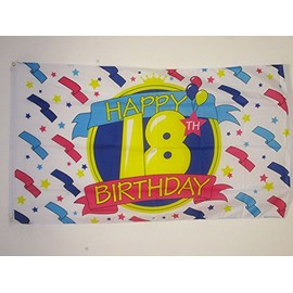 AZ FLAG - Happy Birthday 18 Years Flag - 90 x 60 cm - Happy 18th Birthday Flag 100% Polyester with Brass Eyelets - UV-Resistant - Vivid Colours - 50 g