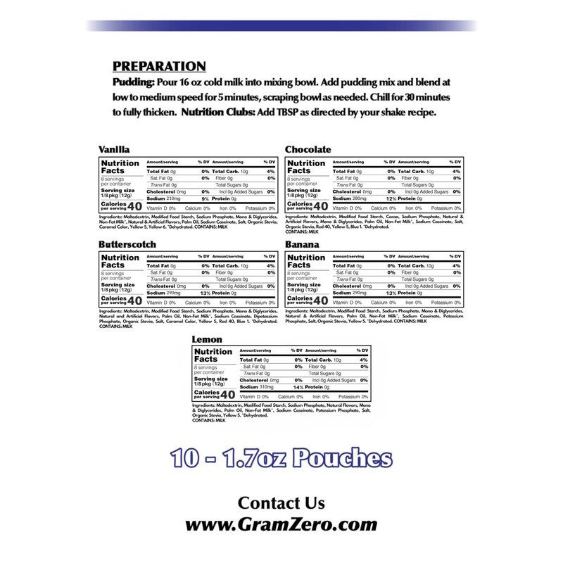 GramZero Variety (Vanilla, Chocolate, Butterscotch, Banana, Lemon) Sugar Free Pudding
