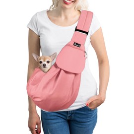 SlowTon Dog Carrier Sling - Thick Padded Adjustable Shoulder Strap Dog Carriers for Small Dogs, Puppy Carrier Purse for Pet Cat with Front Zipper Pocket Safety Belt Machine Washable (Peach, S)