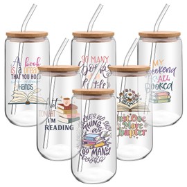 6 Pcs Book Lover Gifts 16 oz Glass Cups with Lid Straw Iced Coffee Glass Tumbler Library Reading Drinking Cups Reader Gift Book Club Appreciation Gifts for Teacher Employee Volunteer Librarian Nurse