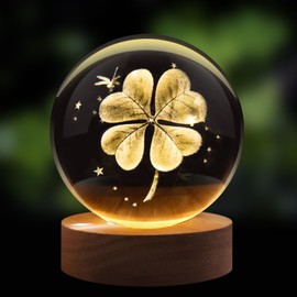 Flexzion 3D Clover Crystal Ball Night Light - LED Light Hologram Glass Lamp with Solid Wood Base, USB Powered Crystal Ball Lamp with Adjustable Brightness for Home Decor Display Gift, 2.4inch(60mm)