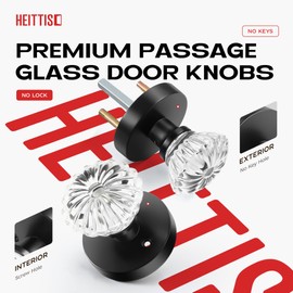 Heittis1 Pack Crystal Door Knobs Interior,Round Passage Glass Door Knob for Hall/Closet,Matte Black Finish