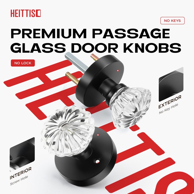 Heittis1 Pack Crystal Door Knobs Interior,Round Passage Glass Door Knob