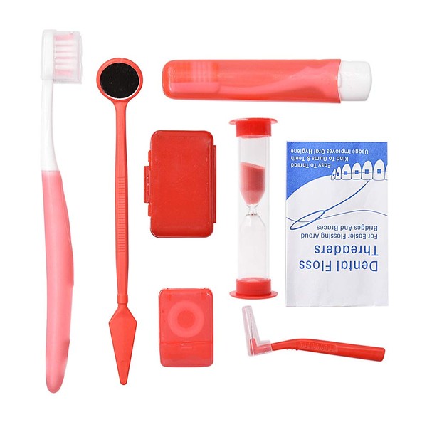 Angzhili Portable Orthodontic Toothbrush Kit for Orthodontic Patient Orthodontic Care Kit for Braces Interdental Brush Dental Wax Dental Floss Toothbrush Box Oral Care Kit Dental Travel Kit(Red)