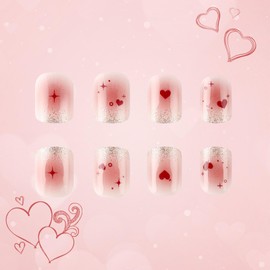 Valentines Press on Nails Short Square Fake Nails wiht Red Heart Star Designs Pink Ombre False Nails Press ons Valentine's Day Glue on Nails Glitter French Stick on Nails for Women 24 Pcs