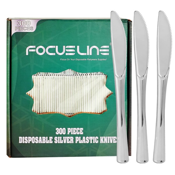 FOCUSLINE 300 Pack Disposable Silver Plastic Knives, Solid and Durable Plastic Cutlery Knives, Heavy Duty Disposable Utensil Silverware for Catering, Parties, Dinners, Weddings