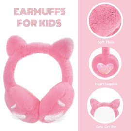 Earmuffs for Girls Cat Ear Muff Winter Faux Fur Ear Warmers Ear Cover with Cute Sequins Ears for Women Kids Rose Red