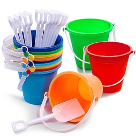 Sloosh 12 juegos de cubos de arena con palas para niños, cubos de playa, juguetes de fiesta, cubo de plástico con asas