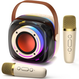 Karaoke Machine with 2 Wireless Mircophones for Adults Kids, Portable Bluetooth Karaoke Speaker with 3.5" Full-Range Speaker and Colorful LED Lights, Support USB/TF Card/AUX (Warm Beige)