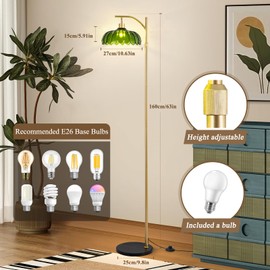 EIDISUNY Arc Floor Lamp for Living Room, Modern Standing Lamp with Remote, Dimmable, 3CCT, Arc Tall Floor Lamp with Green Glass Lampshade for Bedroom Study Room Office (Bulb Included)