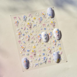 1 Sheets Embossed Flower Nail Decals for Nail Art Spring Nail Stickers with Crystal Pearl Designs Colorful Floral Nail Art Stickers 5D Self-Adhesive Bow Daisy Nail Decoration for Women Nails Designs