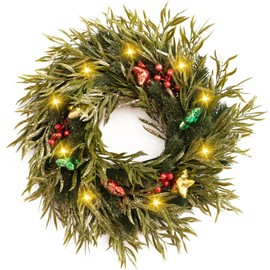 CHEAWRTZ Christmas Wreath, Christmas Wreaths for Front Door, 20" Pre-Lit Christmas Wreath with 25 LED Lights, Willow Pine Wreath Decorated with Star, Berries for Indoor Outdoor Wall Mantle Door Decor