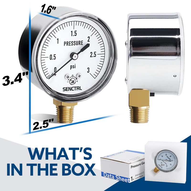 SENCTRL 0-3 Psi Low Pressure Gauge, Capsule Gauge, 2-1/2" Dial