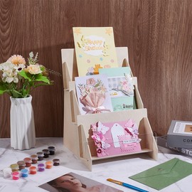 UNICRAFTALE 3-Tier Rectangular Greeting Card Stand Wooden Portable Christmas Greeting Card Stand Storage Sticker Organiser for Stamps, Postcards, Postcards, Greeting Card Holder