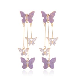 Butterfly Tassel Earrings for Women Butterfly Flower Purple Dangle Drop Earrings Zircon Ear Cuff Clip On Earrings for Women