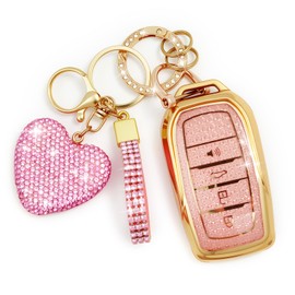Nomiyo Key Fob Cover with Diamond Bling Keychain for Women, Car Key Holder Compatible with Toyota 2022 2023 2024 2025 2026, TPU Key Case and Elegant Heart Key Chain (Pink, 1PCS)
