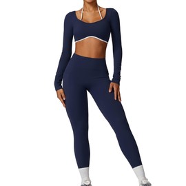 Workout Sets for Women 2 Piece Outfits Seamless High Waist Leggings Yoga Long Sleeve Crop Tops Athletic Gym Sets