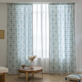 Erbnaryx Boho Floral Curtains French Country Farmhouse Curtains 63 Inches Long Light Filtering Window Rod Pocket Drapes for Living Room 2 Panels-Blue Floral
