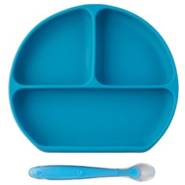 PAPU BABY Plato con divisiones y cuchara de silicón para bebés. Libres de BPA. Plato con succión. Silicón de grado alimenticio. Alimentación independiente. (Azul Indigo)