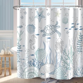 Nautical Coastal Turtle Shower Curtain, Coral Starfish Seashell Ocean Themed Bathroom Curtain, Underwater Seahorse Bathroom Decor Blue 72 x 72 inch