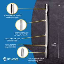 Mr. Fuss® Nagelhautschieber Edelstahl Doppelinstrument - Pro Cuticle Pusher - Doppelspatel 2 Größen