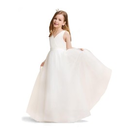 GELOMARI Flower Girl Dresses V-Neck Ball Gown Satin Tulle First Communion Girls Dress for Birthday Wedding Party with Bow-Knot(12-13Y White)