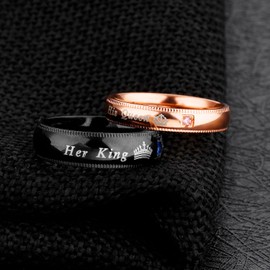 Iflytree 2pcs His and Her Matching Promise Rings for Couples Bridal Sets Balck Rose Gold Stainless Steel His Queen Her King Wedding Engagement Anniversary Band for Him and Her,Gift Box Package, Men