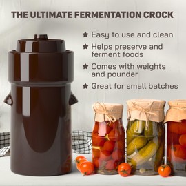 Fermentation Crock 1 Gallon - Sauerkraut Crock with Lid, Weights & Pounder - Ceramic Fermenting Crock Kit for Pickling Cabbage Kimchi Vegetables - 4 Liter Fermentation Jar - Stoneware Pickle Pot