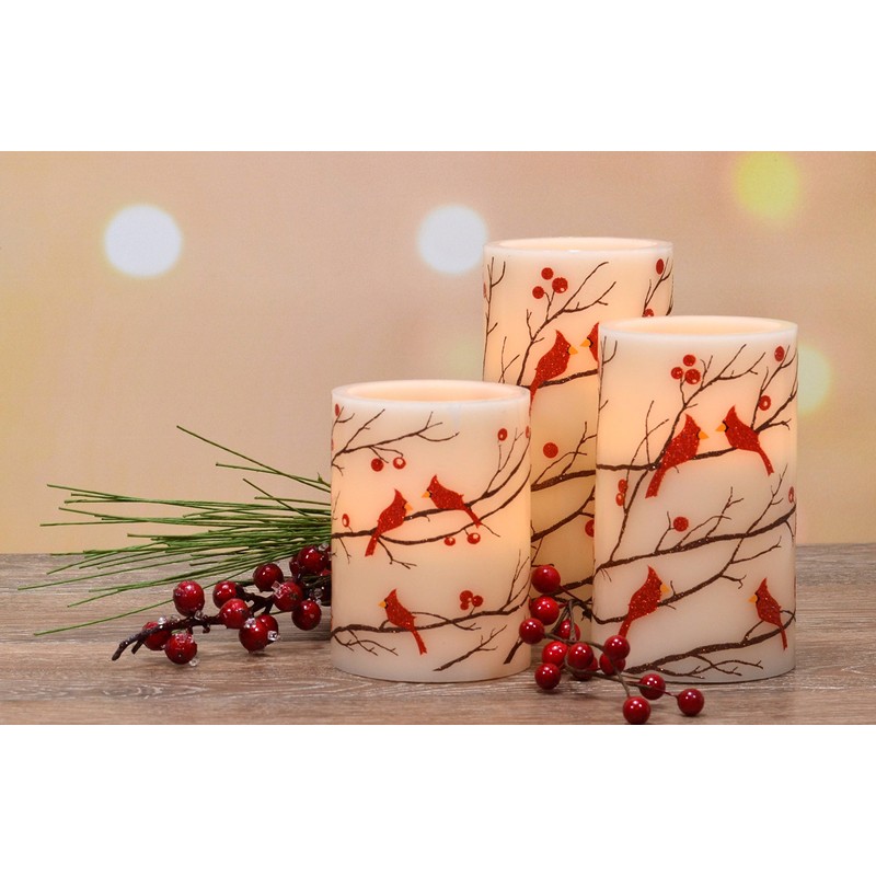 Flameless 3PC Glitter Berries And Cardinals Wax Pillars With Timer
