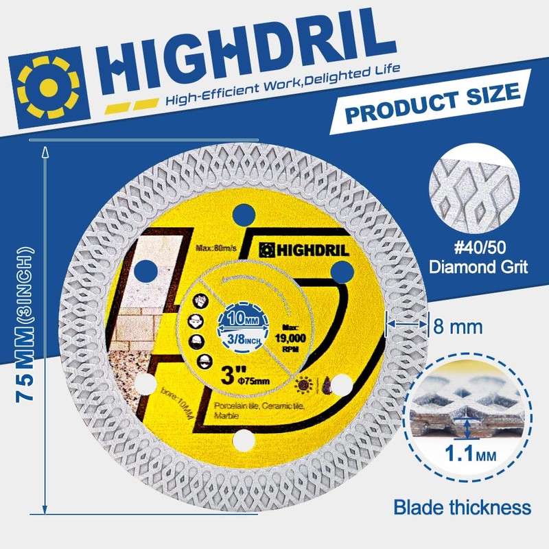 HIGHDRIL Diamond Tile Blade 3" 75mm x Arbor 3/8" 10mm