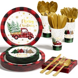 Christmas Party Decorations Supplies - 175 PCS Christmas Xmas Disposable Dinnerware Set(25 Guest) with Buffalo Plaid Truck Tree Paper Plates Napkin Cup Plastic Fork Knives Spoon for Holiday Decor