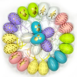 Hangsky Pack of 24 Easter Eggs for Hanging, Easter Eggs Decoration, Easter Eggs Made of Plastic, Colourful Plastic Easter Eggs with String, Decorative Eggs Easter in 12 Colours, Easter Eggs Outdoor