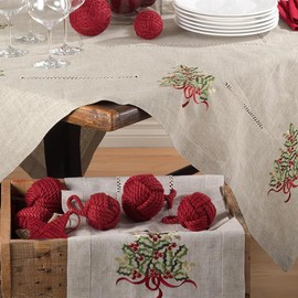 SARO LIFESTYLE 60041.N1690B Holly Collection Christmas Tree Embroidered Table Runner, 80% polyester-20% Linen, Natural